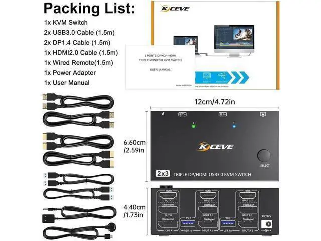 Alt view image 7 of 7 - 2 Displayport + HDMI 3 Monitor KVM Switch USB 3.0, 8K @60Hz 4K@144Hz Triple Monitor KVM Switch for 2 Computer Share 3 Monitor and 4 USB 3.0 Port Keyboard Mouse, Wired Remote and 5 Cables Included