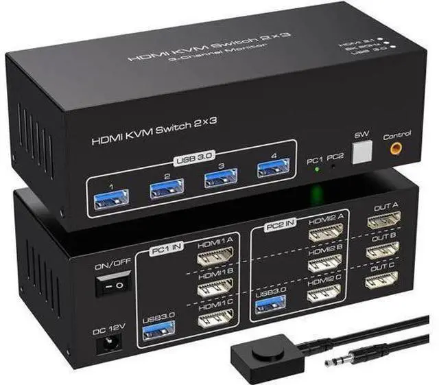 Main image of 8K@60Hz HDMI KVM Switch 3 Monitors 2 Computers USB 3.0 KVM Switcher with 4 USB Ports Monitor Switch for 2 Computers Support Extended & Copy Mode Wired Controller 12V DC Adapter 2 USB Cables Included