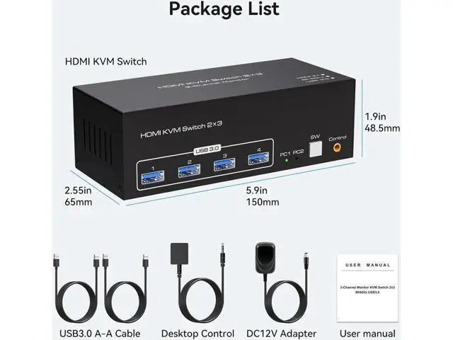 Alt view image 2 of 7 - 8K@60Hz HDMI KVM Switch 3 Monitors 2 Computers USB 3.0 KVM Switcher with 4 USB Ports Monitor Switch for 2 Computers Support Extended & Copy Mode Wired Controller 12V DC Adapter 2 USB Cables Included