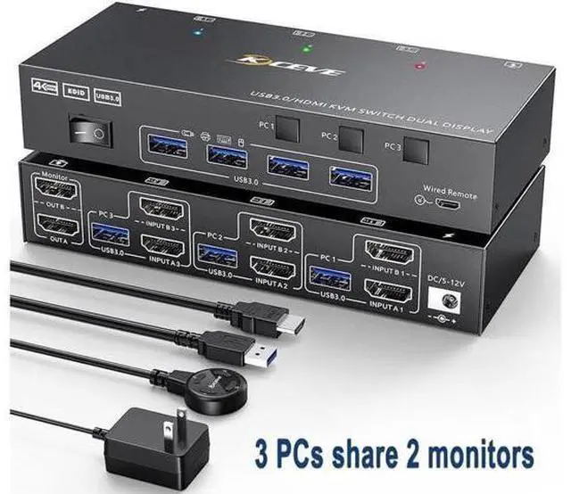 Main image of Aomoproing USB 3.0 HDMI KVM Switch 3 in 2 Out 4K@60Hz, EDID Emulator, Dual Monitor KVM Switch for 3 Computers Share 2 Displays Keyboard Mouse Printer, Wired Remote and Cables included