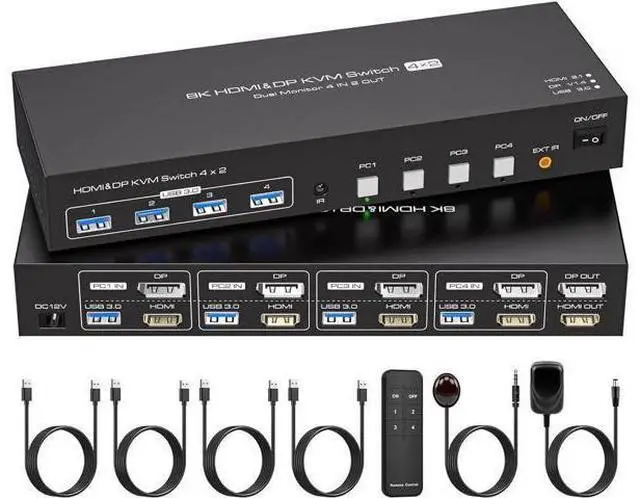 Main image of Dual Monitor KVM Switch HDMI+Displayport 4 Computers 2 Monitors 8K@60Hz 4K@120Hz 4 Port KVM Switches Support 4 PCs Share 4 USB Devices Support Copy and Extend Mode with External Accessories
