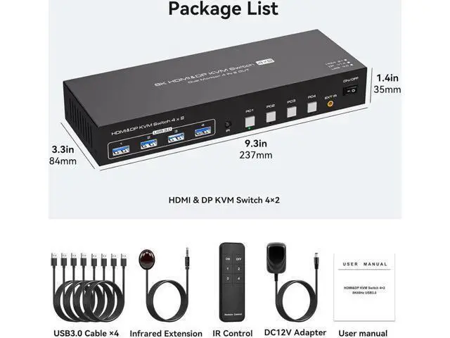 Alt view image 2 of 7 - Dual Monitor KVM Switch HDMI+Displayport 4 Computers 2 Monitors 8K@60Hz 4K@120Hz 4 Port KVM Switches Support 4 PCs Share 4 USB Devices Support Copy and Extend Mode with External Accessories