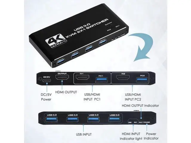 Alt view image 3 of 7 - 4 Port USB HDMI KVM Matrix 4x2 Dual Monitor 4K @60Hz HDR Switch Splitter 4 in 2 Out HDMI 2.0 Switcher for USB 2.0 Keyboard Mouse PC with Dual Independent Audio, Support Auto Scale, Audio Extractor