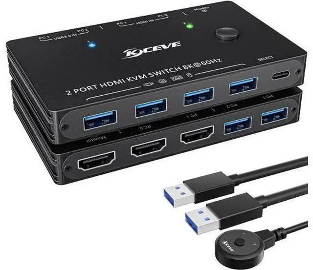 Main image of Aomoproing KVM Switch HDMI 2 Port Box,USB 3.0 and HDMI Switch 8K@60Hz for 2 Computers Share Keyboard Mouse Printer and 1 HD Monitor,with Remote and Cables