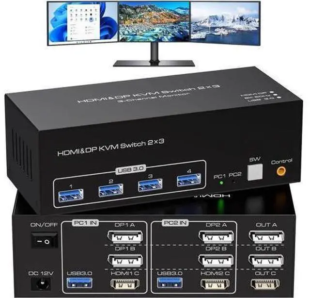 Main image of Aomoproin4K@120Hz HDMI and 2 Displayport KVM Switch 3 Monitors 2 Computers DP 1.4 8K Display Port for 2 PC or Laptops Share Triple Monitor and 4 USB 3.0 Peripherals Support Extended and Duplicate Mode