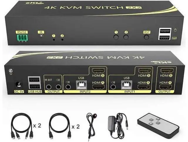 Main image of 4K HDMI KVM Switch 2 in 2 Out Dual Monitor Extended Display 4K @60Hz 4:4:4 with Audio and USB 2.0 Hub Sharing PC Monitor Keyboard Mouse Switcher; supports RS232, Remote control, Hotkey