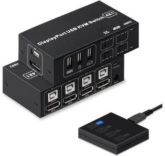 Main image of 4 Port DisplayPort KVM Switch 3D UHD 4K@60Hz 4 in 1 Out USB and DP KVM Switcher for 4 PCs Share Keyboard Mouse Monitor and USB 2.0 Devices, with 4 USB Cables