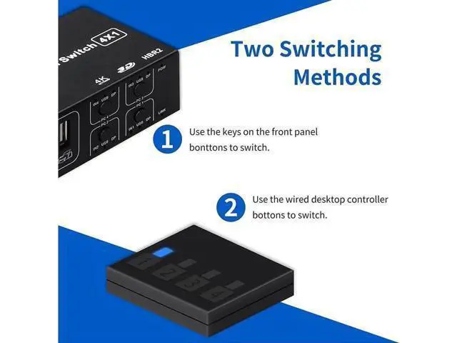 Alt view image 3 of 7 - 4 Port DisplayPort KVM Switch 3D UHD 4K@60Hz 4 in 1 Out USB and DP KVM Switcher for 4 PCs Share Keyboard Mouse Monitor and USB 2.0 Devices, with 4 USB Cables