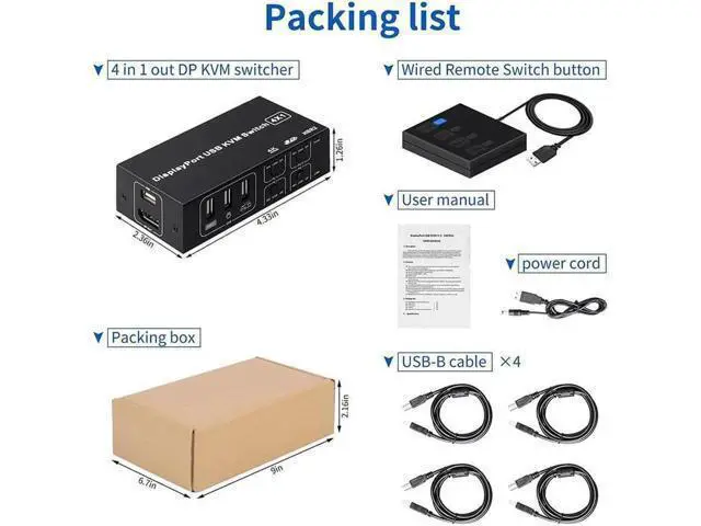 Alt view image 5 of 7 - 4 Port DisplayPort KVM Switch 3D UHD 4K@60Hz 4 in 1 Out USB and DP KVM Switcher for 4 PCs Share Keyboard Mouse Monitor and USB 2.0 Devices, with 4 USB Cables