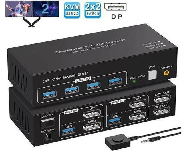 Main image of 2 Port Dual Monitor Displayport KVM Switch for 2 Computers 2 Monitors Share Keyboard Mouse Printer, Displayport1.4 USB3.0 KVM Switch Support 4K @120Hz 8K @60Hz with 4x USB 3.0 Support Desktop Control