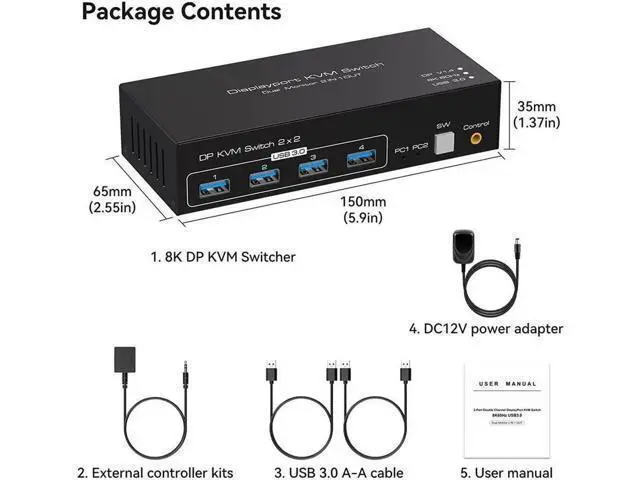 Alt view image 7 of 7 - 2 Port Dual Monitor Displayport KVM Switch for 2 Computers 2 Monitors Share Keyboard Mouse Printer, Displayport1.4 USB3.0 KVM Switch Support 4K @120Hz 8K @60Hz with 4x USB 3.0 Support Desktop Control