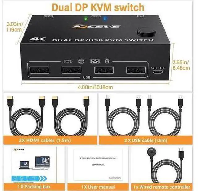Main image of 2 Port Dual Monitor Displayport KVM Switch 2 Computer 2 Monitors, Two Monitors Displayport USB DP KVM Dual Monitor Switcher 2 in 2 Out, Supports 4K @60Hz for 2 PCs sharing keyboard, mouse and monitor