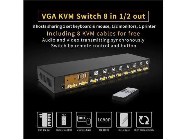 Alt view image 3 of 7 - KVM Switch 8 Port 8 in 2 Out Switcher 8x2 VGA Switch Supports Wireless Keyboard and Mouse Audio USB 2.0 Devices Sharing 8 Computers with Remote Control