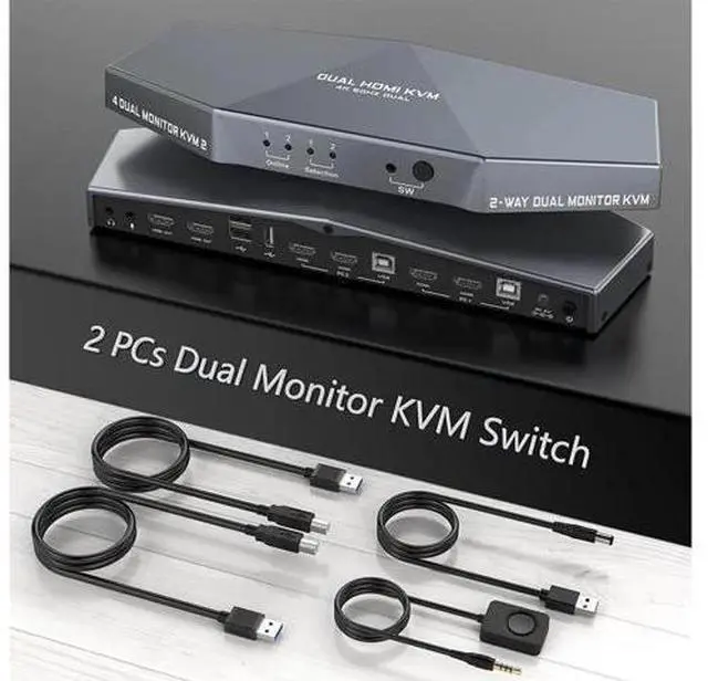 Main image of 2 PCs Dual Monitor KVM Switch Box, 4K HDMI KVM Switch Dual Monitor Suitable for 2 Computers + 2 Monitors with Audio, USB Powered, Hotkey Switch, 4K Monitor hdmi Switch with Cables