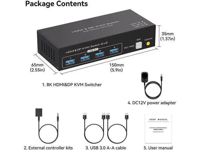 Alt view image 4 of 7 - Monitor DP+HDMI KVM Switch, 2 Port DisplayPort and HDMI 4K @120Hz 8K @60Hz KVM Switcher for 2 Computers 2 Monitors with 4 Ports USB 3.0 Support Copy and Extended Display and Desktop Control