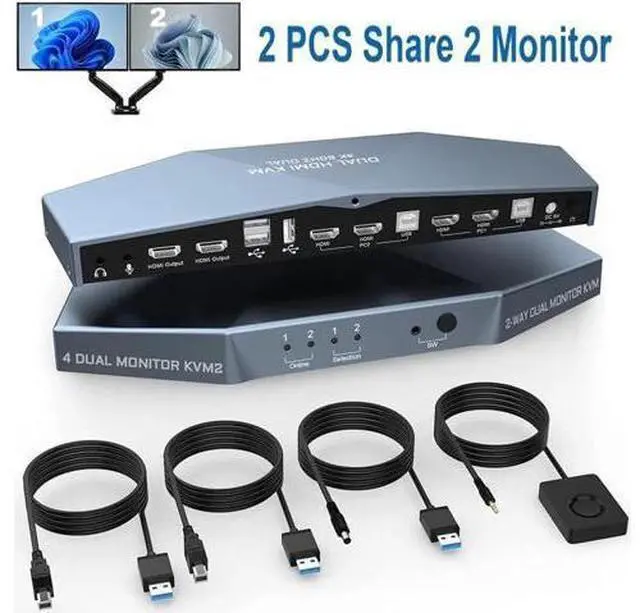 Main image of Monitor HDMI KVM Switch for 2 Computers Share 2 Monitors, 4K @60Hz Extended Display Dual Monitors KVM Switch with Audio Microphone Out and 3 USB 2.0 ports, PC Monitor Keyboard Mouse Switcher