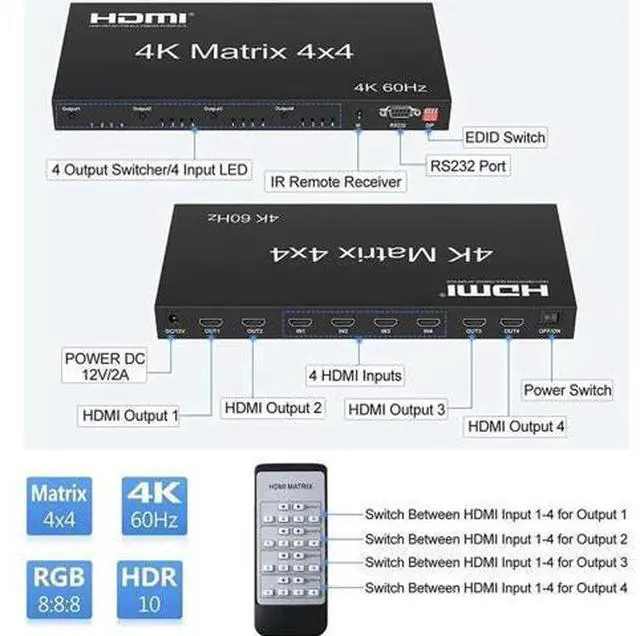 Main image of 4x4 HDMI Matrix Switch 4K@60Hz, HDMI Matrix Switcher Splitter 4 in 4 Out with RS232 Control, HDMI Matrix Selector Box with EDID, Support Auto Downscaler, HDR, HDMI2.0, HDCP2.2, 18Gbps