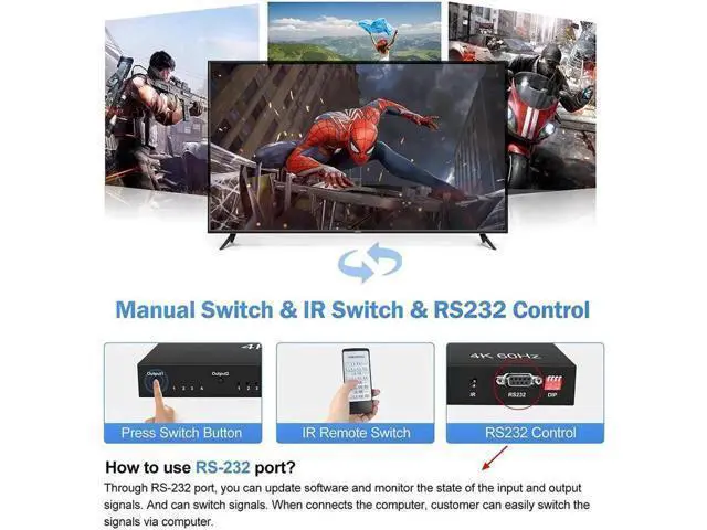 Alt view image 3 of 7 - 4x4 HDMI Matrix Switch 4K@60Hz, HDMI Matrix Switcher Splitter 4 in 4 Out with RS232 Control, HDMI Matrix Selector Box with EDID, Support Auto Downscaler, HDR, HDMI2.0, HDCP2.2, 18Gbps