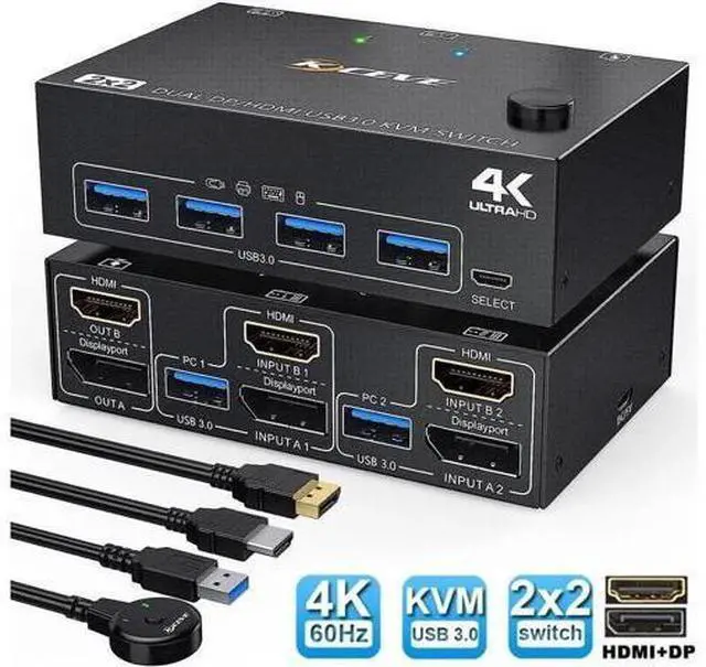 Main image of 2 Port Displayport + HDMI Dual Monitor KVM Switch USB 3.0, HDMI DP Extended Display Switcher for 2 Computers Share 2 Monitors Support 4K @60Hz with 4 USB 3.0 Ports, Wired Remote and 4 Cables Included