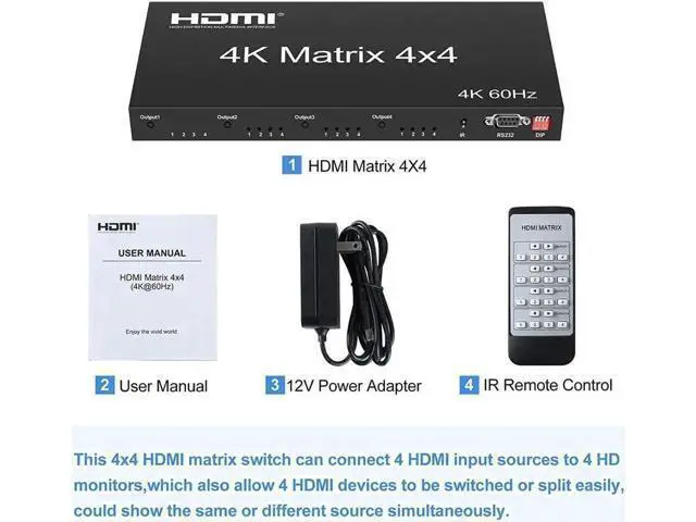 Alt view image 6 of 7 - 4x4 HDMI Matrix Switch 4K@60Hz, HDMI Matrix Switcher Splitter 4 in 4 Out with RS232 Control, HDMI Matrix Selector Box with EDID, Support Auto Downscaler, HDR, HDMI2.0, HDCP2.2, 18Gbps