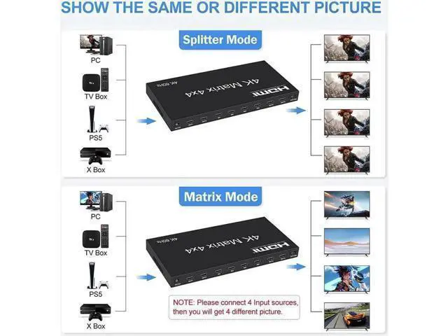 Alt view image 7 of 7 - 4x4 HDMI Matrix Switch 4K@60Hz, HDMI Matrix Switcher Splitter 4 in 4 Out with RS232 Control, HDMI Matrix Selector Box with EDID, Support Auto Downscaler, HDR, HDMI2.0, HDCP2.2, 18Gbps