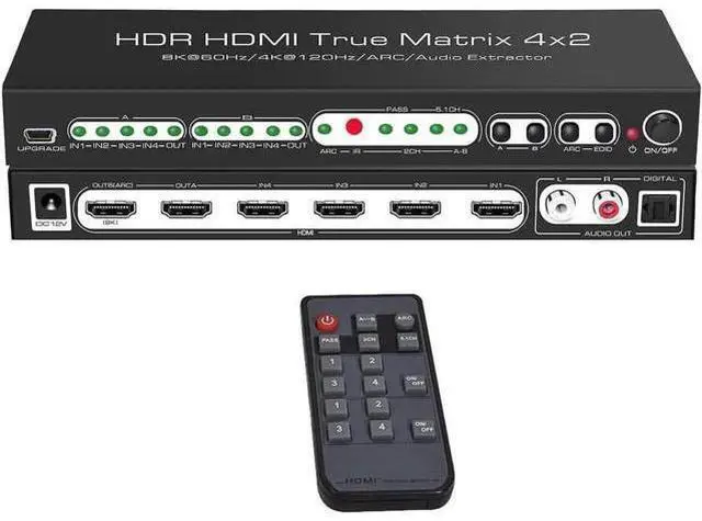 Main image of 2.1 8K HDMI Matrix 4x2, 8K @30Hz 8K@60HZ 4K@60Hz 120Hz HDMI Switch HDR ARC/CEC Switch Splitter 4 in 2 Out Optical SPDIF 5.1CH + RCA Stereo Audio Extractor HDMI Switcher