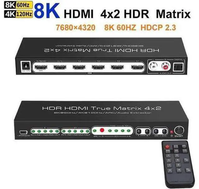 Main image of 8K HDMI 2.1 Ture Matrix Switch 4x2, 4 in 2 Out HDMI2.1 Matrix HDMI Video Switcher Splitter + Optical & RAC Audio Output, Support 8K @60Hz 4K@120Hz HDR10 ARC HDCP2.3 with IR Remote Control