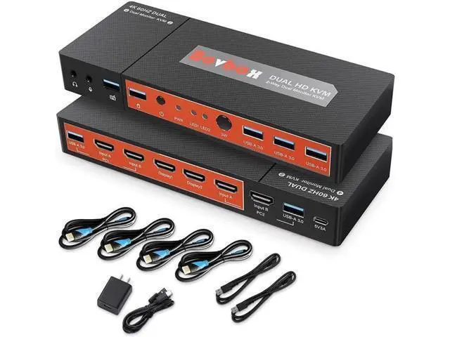 Alt view image 2 of 7 - Monitor HDMI KVM Switch 2 Port Extended Display, 4K @60Hz 4:4:4 KVM Switch 2 Monitors 2 Computers with 3x USB 3.0 Hub, Audio, Hotkey & Button Switching with 4 HDMI 2 USB Cables & Power Adapter