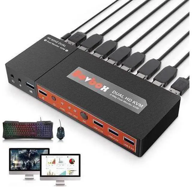Main image of Monitor HDMI KVM Switch 2 Port Extended Display, 4K @60Hz 4:4:4 KVM Switch 2 Monitors 2 Computers with 3x USB 3.0 Hub, Audio, Hotkey & Button Switching with 4 HDMI 2 USB Cables & Power Adapter