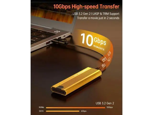 Alt view image 2 of 5 - ZeroneTeck M.2 NVMe SATA SSD Enclosure, USB 3.2 Gen 2 10 Gbps SSD Reader with UASP and Trim, Tool-Free Adapter Case for SSDs 2230/2242 /2260/2280, External PCIe Adapter for M/B+M Key, Aluminum(Yellow)
