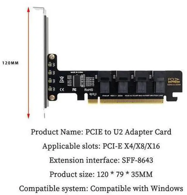 Alt view image 3 of 5 - PH49 PCIe4.0 X16 to 4-Port U.2 NVME SFF-8643 SFF-8639 Expansion Card Support X4 X8 X16 Slot Motherboard with PCIE Split Function (Full Height)