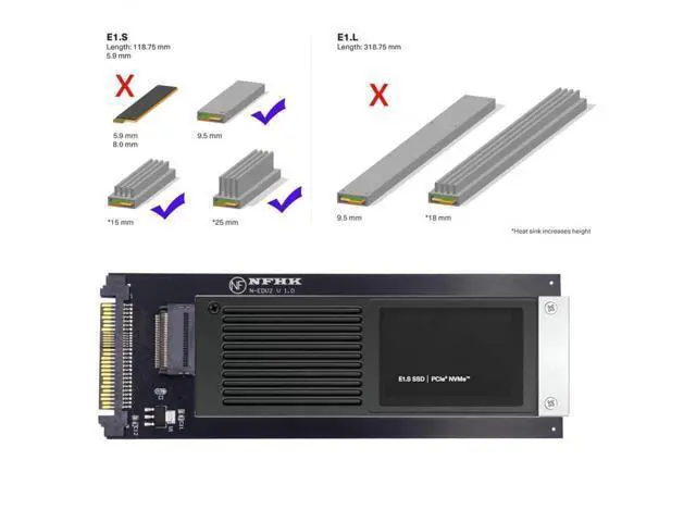 Alt view image 2 of 5 - CY Card U.2 SFF-8639 Host to PCI-E Ruler 1U GEN-Z EDSFF 9.5mm 15mm 25mm Short SSD E1.S with Heat Sink PM9A3 PM9D3 P5801X Carrier Adapter
