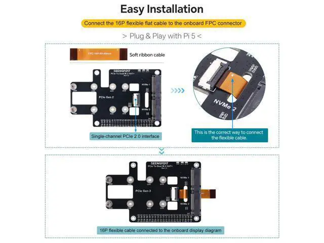 Alt view image 2 of 3 - PCIe to Dual M.2 NVMe SSD Expansion Board HAT+ for Raspberry Pi 5 ^^ Supports Boot from SSD, Compatible with 2280/2260/2242/2230 Drives ^^ Dual-Channel Adapter with Activity LEDs