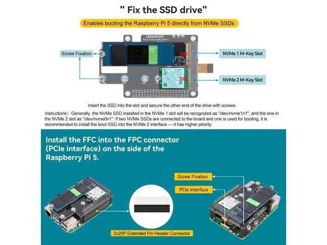 Alt view image 3 of 3 - PCIe to Dual M.2 NVMe SSD Expansion Board HAT+ for Raspberry Pi 5 ^^ Supports Boot from SSD, Compatible with 2280/2260/2242/2230 Drives ^^ Dual-Channel Adapter with Activity LEDs