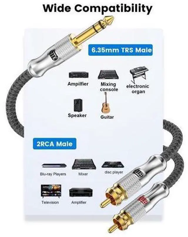 Alt view image 2 of 5 - EMK 1/4 to RCA Cable, Quarter inch TRS Male to 2RCA Male Audio Cable 6.35mm Stereo Jack to Dual RCA Insert Cable Y Splitter Cord (20Ft/6M,Silver)