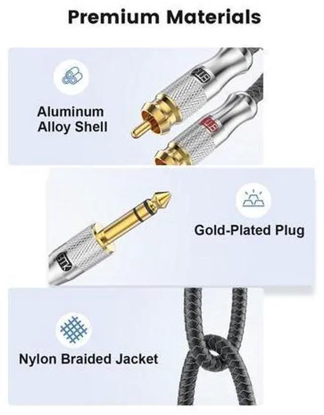 Alt view image 5 of 5 - EMK 1/4 to RCA Cable, Quarter inch TRS Male to 2RCA Male Audio Cable 6.35mm Stereo Jack to Dual RCA Insert Cable Y Splitter Cord (20Ft/6M,Silver)