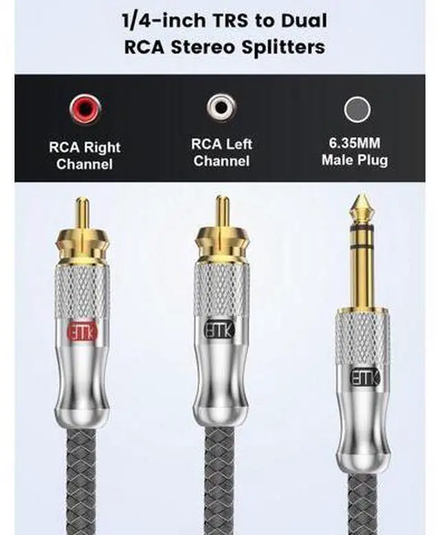 Alt view image 4 of 5 - EMK 1/4 to RCA Cable, Quarter inch TRS Male to 2RCA Male Audio Cable 6.35mm Stereo Jack to Dual RCA Insert Cable Y Splitter Cord (20Ft/6M,Silver)