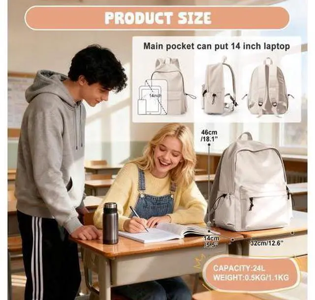 Alt view image 2 of 5 - VECAVE School Backpack Beige Waterproof Bookbag Casual Lightweight Travel Rucksack Daypack Backpacks for Men Women College High School Bags backpack for Boys Girls Teens