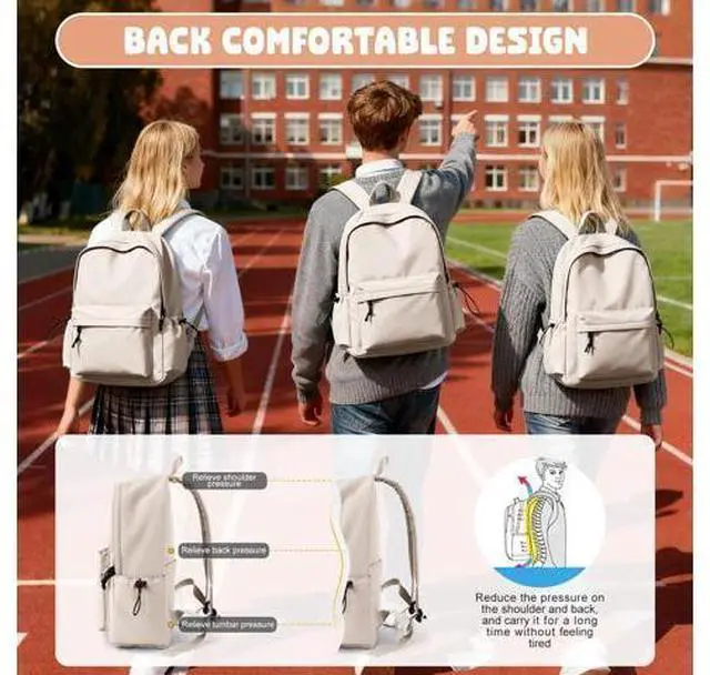Alt view image 5 of 5 - VECAVE School Backpack Beige Waterproof Bookbag Casual Lightweight Travel Rucksack Daypack Backpacks for Men Women College High School Bags backpack for Boys Girls Teens