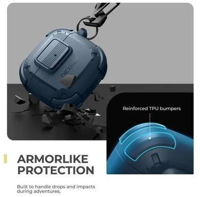 Alt view image 4 of 5 - Dexnor for AirPods 4 Case with Drop-Proof Lock, Shockproof Rugged Bumper Cases Protective Cover with Carabiner & Keyring & Cleaner Kit for AirPods 4th Generation 2024 Blue