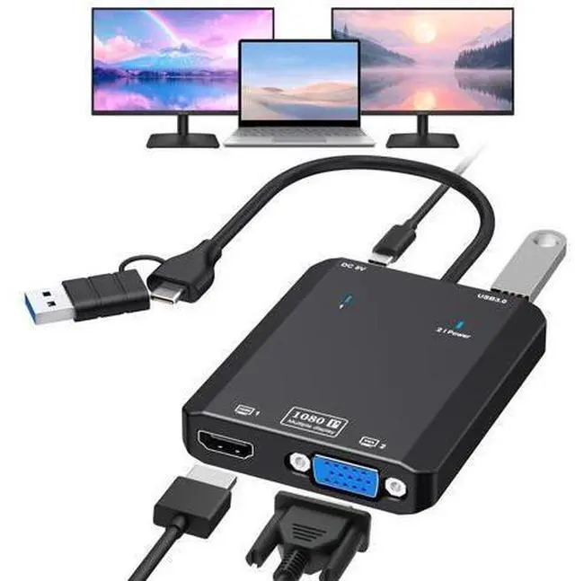 Main image of VIXLW HDMI Splitter Extended Display for Dual Monitor, 1080p@60Hz USB A or USB-C to HDMI Vga Adapter for Extended Display of Laptop Monitor Desktop TV, Mac OS Windows Android