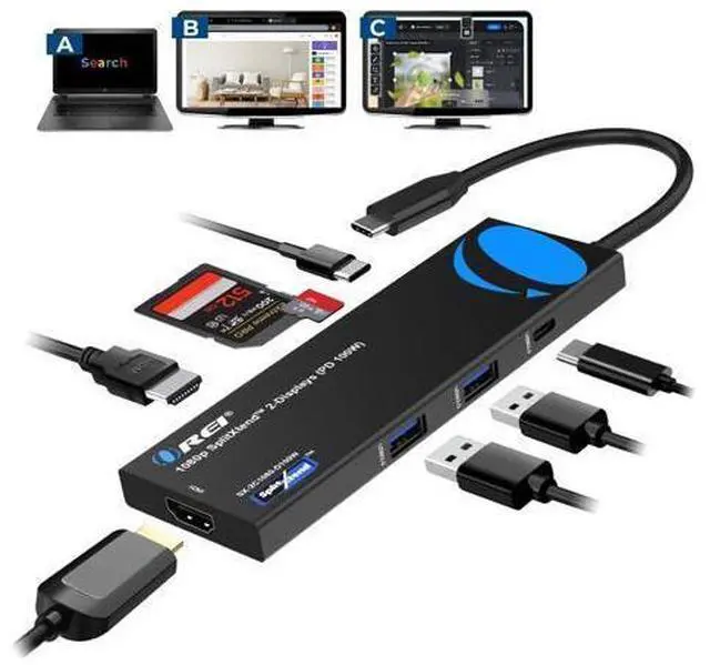 Main image of OREI SplitExtend Laptop Docking Station 4K Dual Monitor - 2X USB 3.0, 1x Type-C, SD Card Reader - USB-C Adapter to HDMI 2.0 Extended Screen, 4K@30Hz Outputs - 100W PD