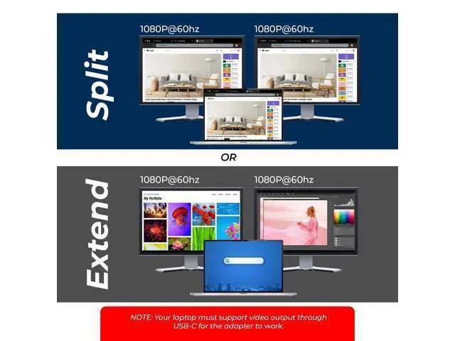 Alt view image 2 of 5 - OREI SplitExtend Laptop Docking Station 4K Dual Monitor - 2X USB 3.0, 1x Type-C, SD Card Reader - USB-C Adapter to HDMI 2.0 Extended Screen, 4K@30Hz Outputs - 100W PD