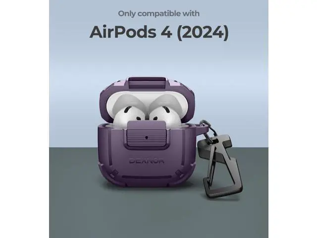 Alt view image 2 of 5 - Dexnor for AirPods 4 Case with Drop-Proof Lock, Shockproof Rugged Bumper Cases Protective Cover with Carabiner & Keyring & Cleaner Kit for AirPods 4th Generation 2024 Purple