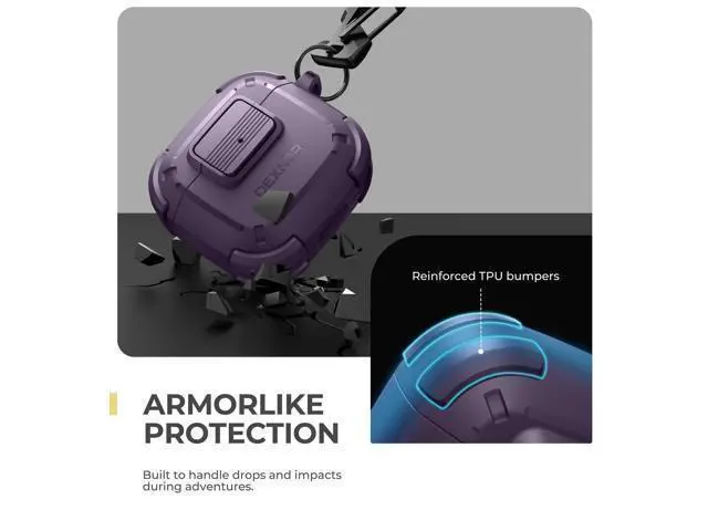 Alt view image 4 of 5 - Dexnor for AirPods 4 Case with Drop-Proof Lock, Shockproof Rugged Bumper Cases Protective Cover with Carabiner & Keyring & Cleaner Kit for AirPods 4th Generation 2024 Purple