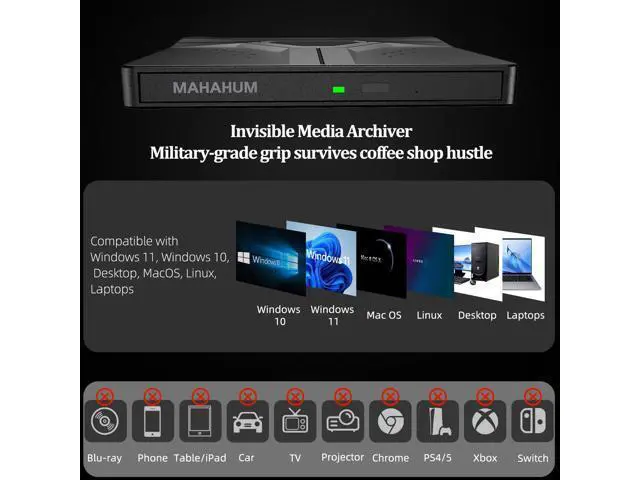 Alt view image 5 of 5 - MAHAHUM External CD/DVD Drive for Laptop,8-in-1 Plug & Play USB DVD Drive DVD Player Portable CD Burner External Disk Drive Compatible with Desktop PC Windows 11/10/8 Linux Mac OS Mac MacBook Pro/Air