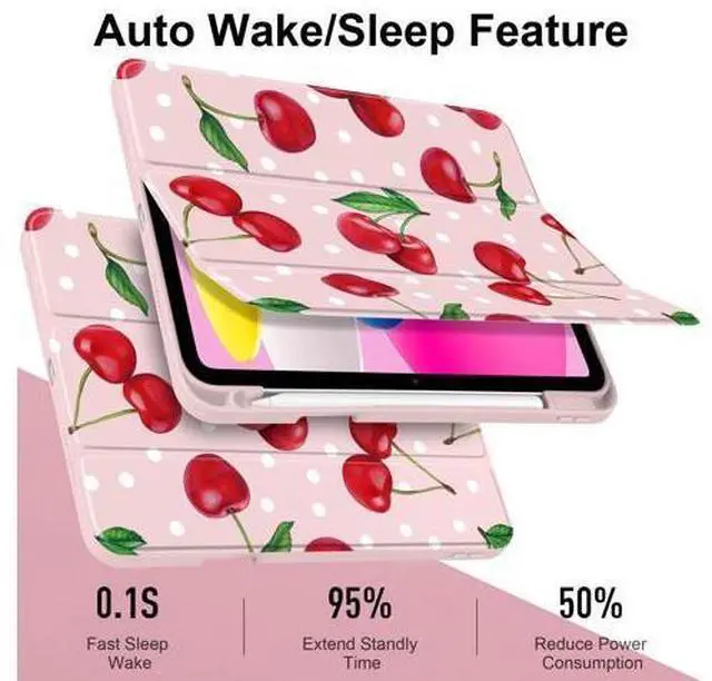 Alt view image 3 of 5 - TWOLSKOO for iPad 11th & 10th Gen Case with Pencil Holder, Trifold Stand, Auto Sleep/Wake, Clear Acrylic Back with TPU Bumper, for iPad 11-inch (2025, A16 Chip) & 10.9-inch (2022), Cherries