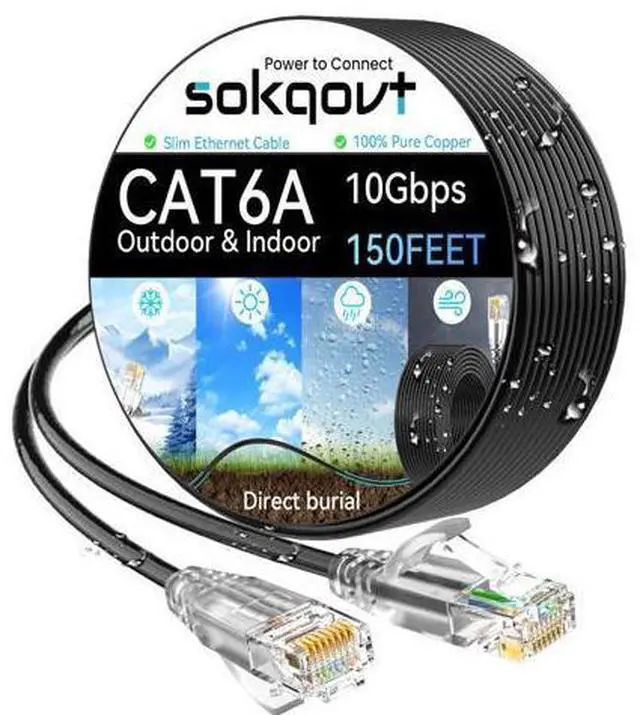 Main image of Cat6a Ethernet Cable Slim 150ft Outdoor&Indoor, 28AWG Pure Copper Cat6 Internet Cable for Waterproof & Direct Burial, Flexible Cat6 Ethernet Cable 10G 550MHZ, Cat 6 Network cable for Indoor Black
