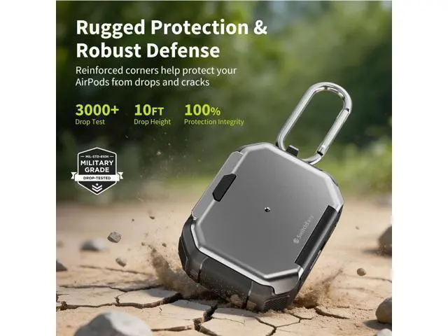 Alt view image 2 of 5 - SwitchEasy Defender for AirPods Pro 2 Case with Lock, Military-Grade Hard Shell, Built-in Stand, Shockproof Drop Protection, Carabiner for AirPods Pro 2nd/1st Gen (Space Gray)