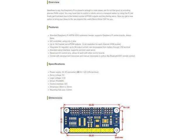 Alt view image 3 of 5 - Waveshare Servo Driver Hat for Raspberry Pi 3B+ 3B 2B Zero WH Zero W Zero 16 Channel PWM Outputs 12 Bit Resolution I2C Interface